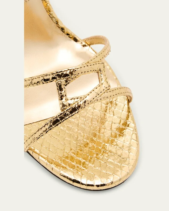 Snake-Embossed 1998 Leo Metallic Leather Ankle-Strap Sandals - Image 4