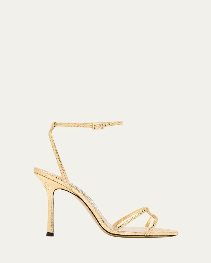 Snake-Embossed 1998 Leo Metallic Leather Ankle-Strap Sandals