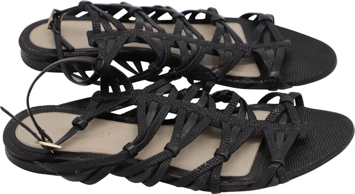 Snake Embossed Strappy Sandals in Black Lambskin Leather