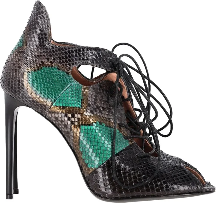 Snake Print Lace Up Sandals in Green Leather