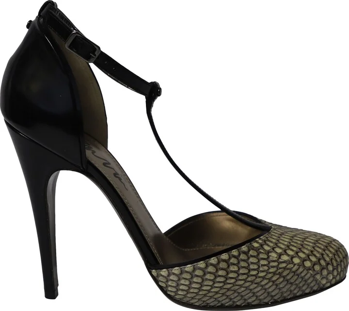 Snake Print T-Strap Heels in Multicolor Leather