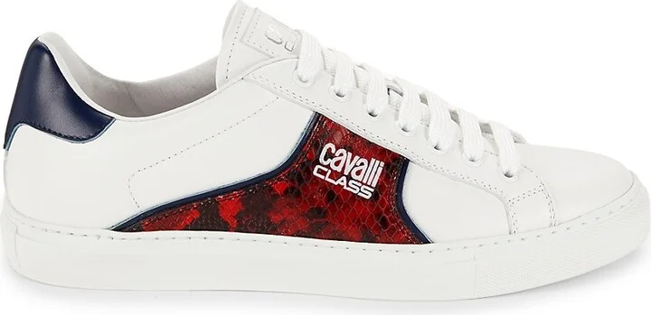 Snake Print Trim Low Top Leather Sneakers