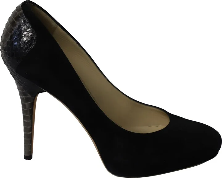 Snakeskin Effect Back Heel Pumps in Black Suede