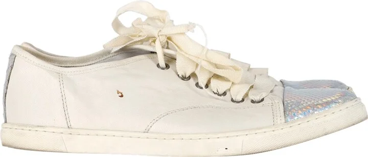 Snakeskin-Effect Cap Toe Sneakers in White Leather