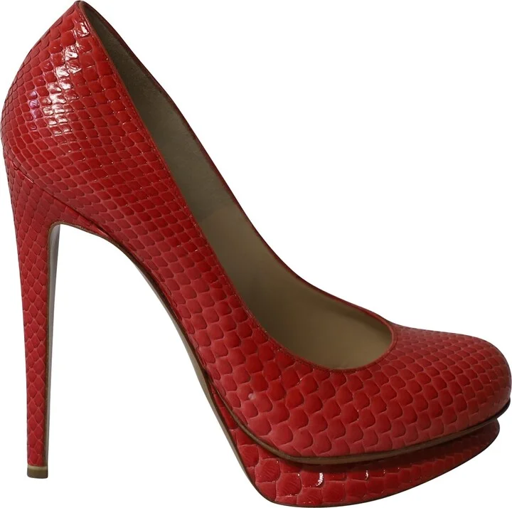 Snakeskin Embossed Platform High Heel Pumps in Red Patent Leather