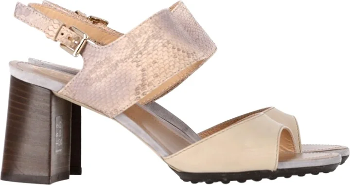 Snakeskin-Embossed Sandal Heels in Cream Leather