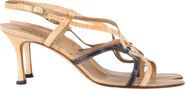 Snakeskin-Embossed Sandal Heels in Nude Leather