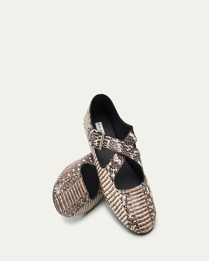 Snakeskin Leather Pattern Cross Ballerina Flats - Image 3