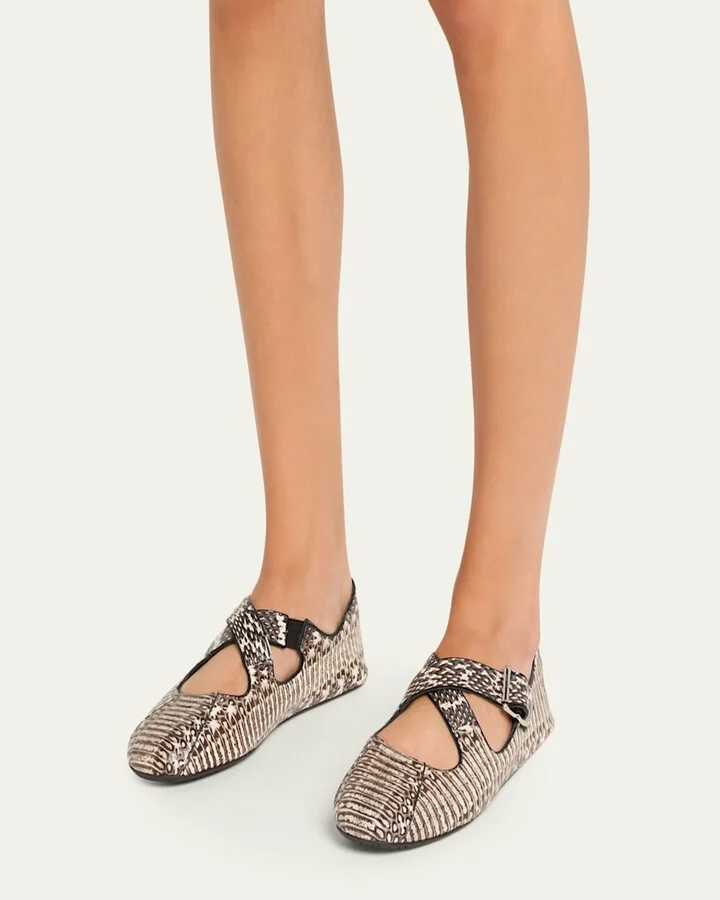 Snakeskin Leather Pattern Cross Ballerina Flats - Image 4