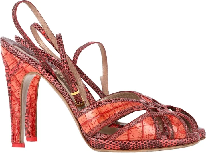 Snakeskin Peep-Toe Pumps in Red Leather