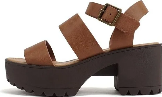 Soda ACCOUNT Women's Open Toe Block Heel Platform Sandals with Adjustable Ankle Strap - Cognac - Size
