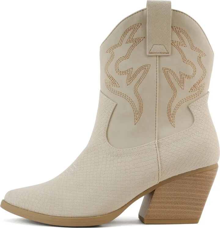 Soda “BLAZING” ~ Women Western Stitched Pointe Toe Low Heel High Top Ankle Shaft Boot Bootie (COBRA/NUDE PU