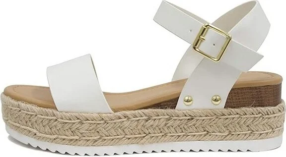 Soda CLIP Women's Open Toe Ankle Strap Platform Espadrille Sandal - White PU - Size