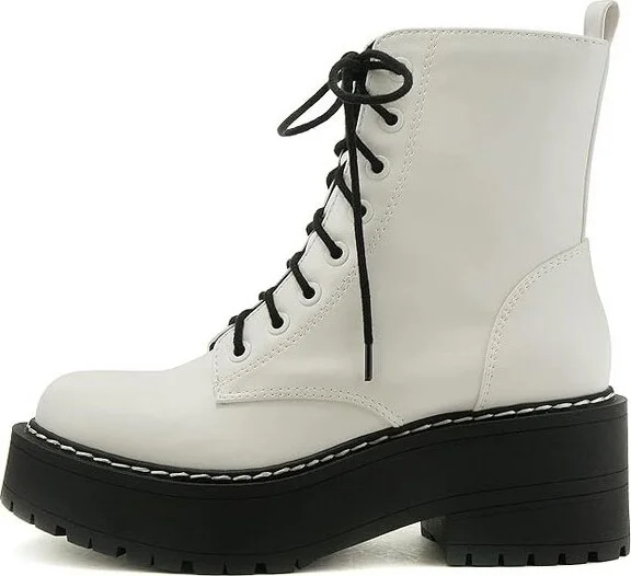 Soda FLING Women Lace up Platform Combat Boots with Side Zipper - White PU - Size
