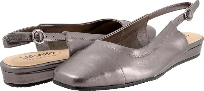 SoftWalk Vittoria Women's Flat Shoes Pewter Metal : 6.5 WW (EE), Leather