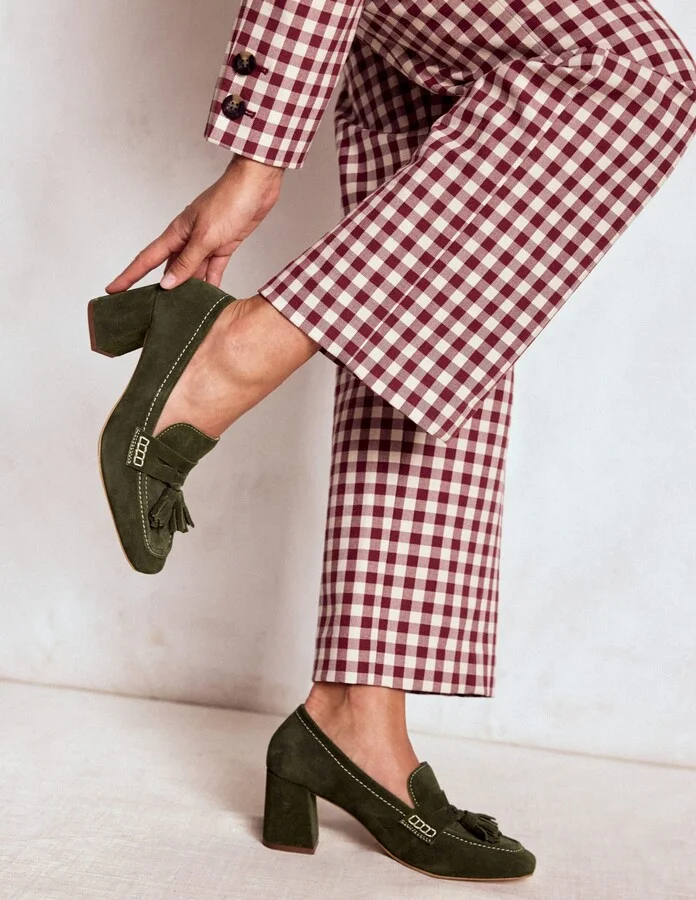 Sol Block Heeled Penny Loafers, Dark Moss - Image 2