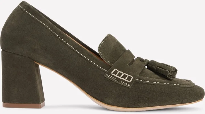 Sol Block Heeled Penny Loafers, Dark Moss
