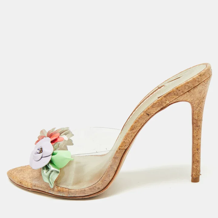 Sophia Webster Beige/Gold Cork and PVC Wildflower Slide Sandals Size 41
