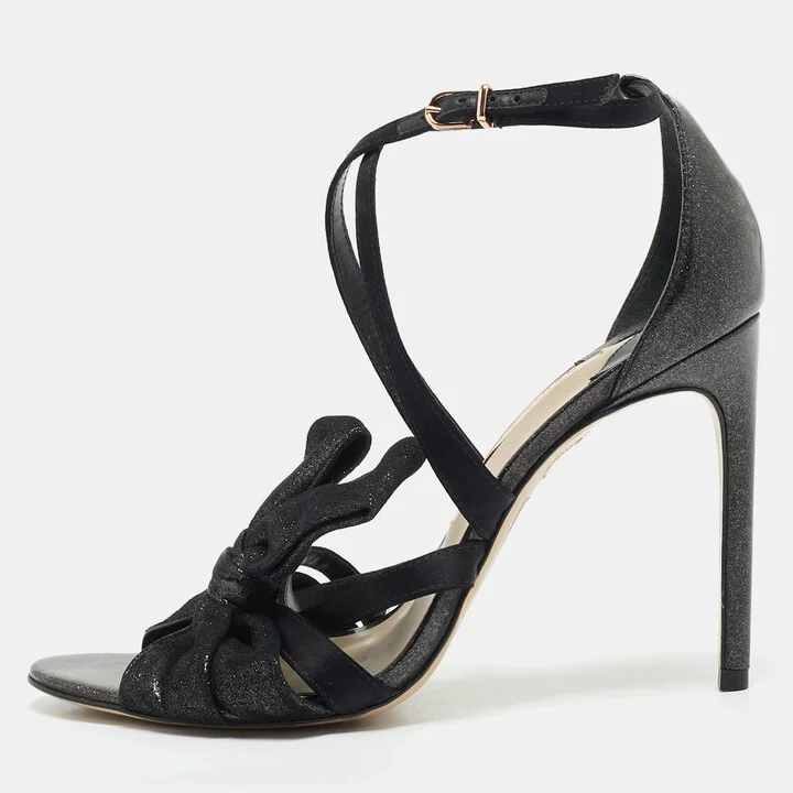 Sophia Webster Black Metallic Leather an Fabric Bonnie Ankle Strap Sandals Size 39