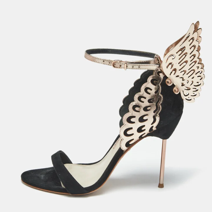 Sophia Webster Black/Rose Gold Leather and Suede Evangeline Ankle Strap Sandals Size 41