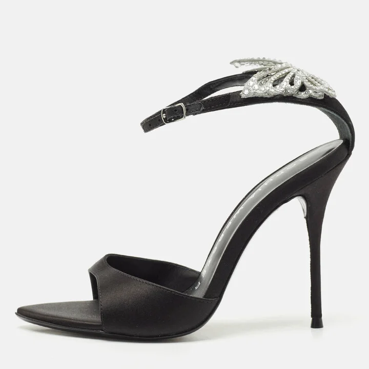 Sophia Webster Black Satin Crystal Embellished Ankle Strap Sandals Size 38