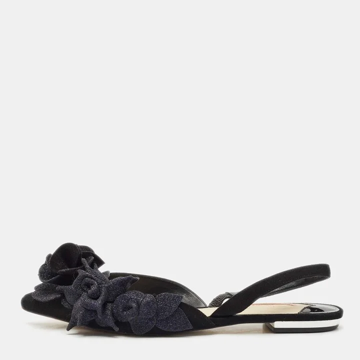 Sophia Webster Black Suede and Glitter Slingback Flats Size 39.5