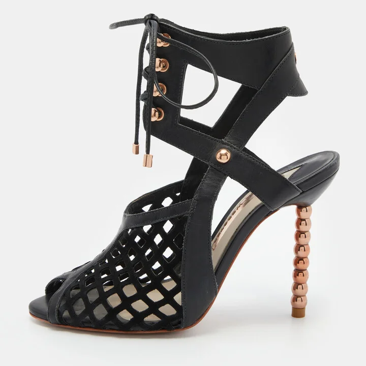 Sophia Webster Black Suede and Leather Jetta Ankle Tie Up Peep Toe Sandals Size 36.5