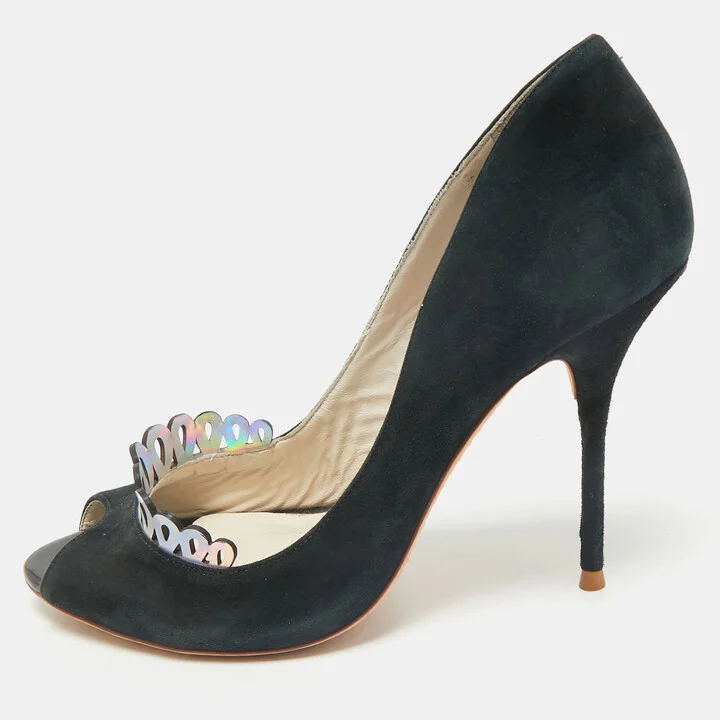 Sophia Webster Black Suede Scalloped Peep Toe Pumps Size 38
