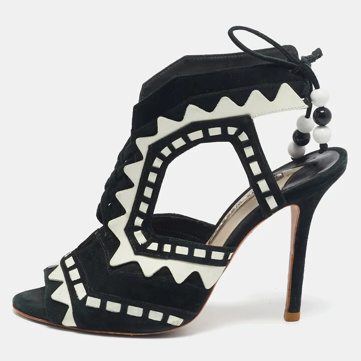 Sophia Webster Black/White Suede and Leather Riko Cut Out Ankle Sandals Size 38.5