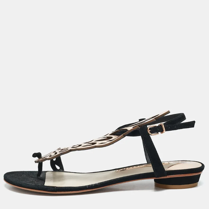 Sophia Webster Metallic/Black Suede and Leather Seraphina Flat Sandals Size 39.5
