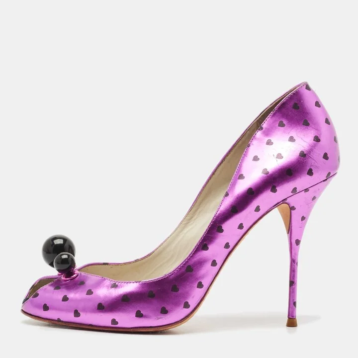 Sophia Webster Metallic Purple Heart Print Leather Loren Peep Toe Pumps Size 41