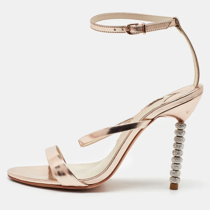 Sophia Webster Metallic Rose Gold Leather Rosalind Crystal Heel Ankle Strap Sandals Size 38