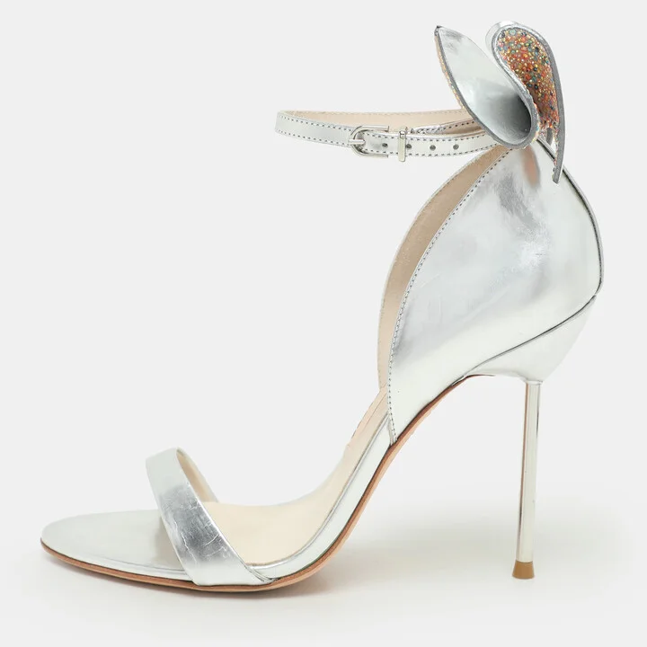 Sophia Webster Metallic Silver Leather Maya Crystal Embellished Bow Ankle Strap Sandals Size 37