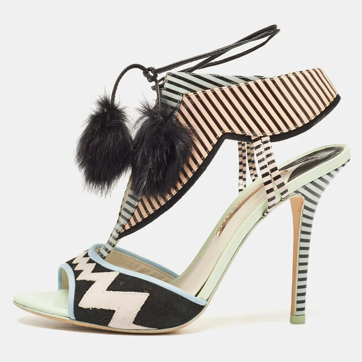Sophia Webster Multicolor Patent Leather Fur Pom Pom Ankle Tie Up Sandals Size 41