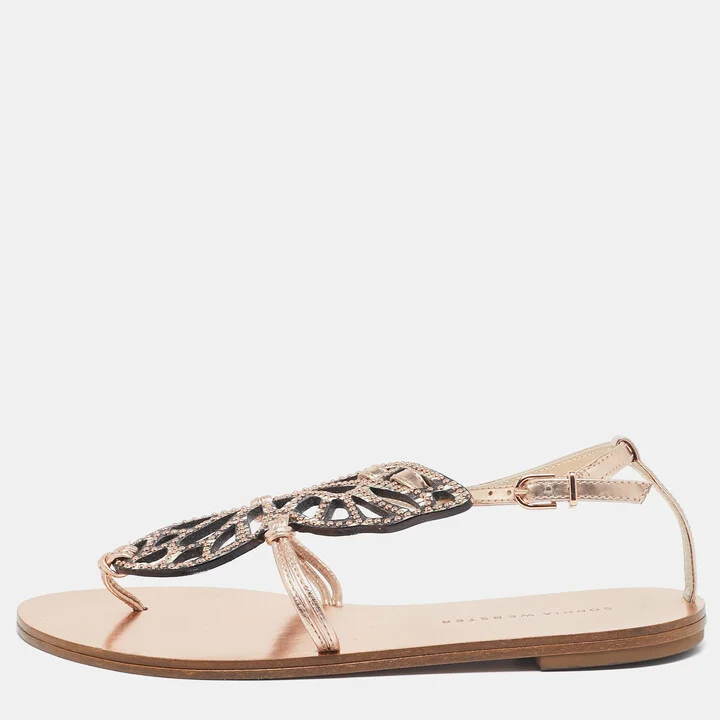 Sophia Webster Rose Gold/Black Leather Studded Butterfly Flat Sandals Size 36.5