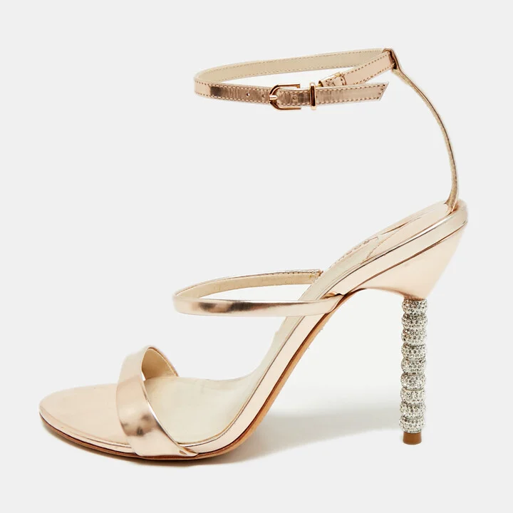 Sophia Webster Rose Gold Leather Rosalind Crystal Heel Ankle Strap Sandals Size 40