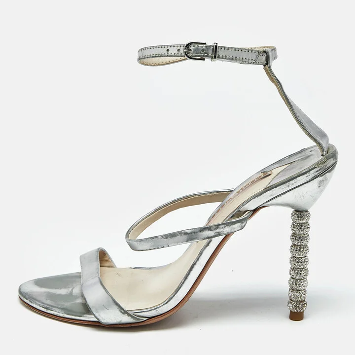 Sophia Webster Rose Silver Leather Rosalind Crystal Heel Ankle Strap Sandals Size 38.5