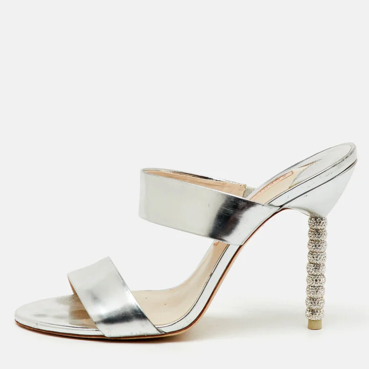 Sophia Webster Silver Foil Leather Crystal Embellished Heel Slide Sandals Size 40