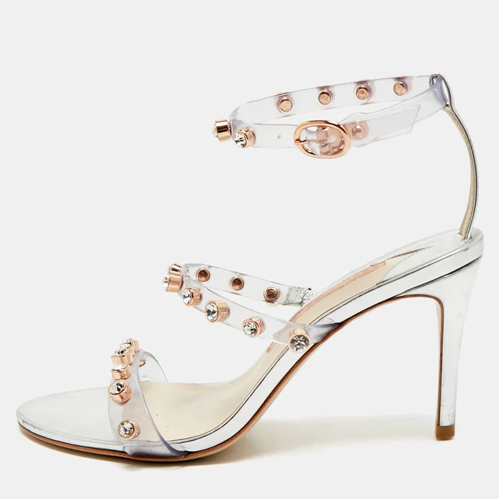 Sophia Webster Sliver Leather And PVC Crystal Embellished Ankle Strap Sandals Size 37