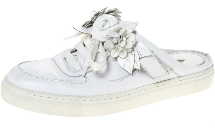 Sophia Webster White Leather Flower Embellished Mule Sneakers Size 36.5