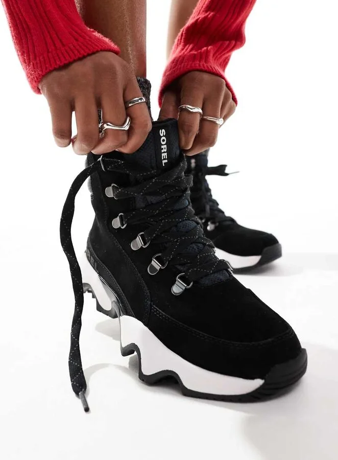 Sorel Kinetic Impact Conquest Plus WP waterproof suede snow boots in black and sea salt