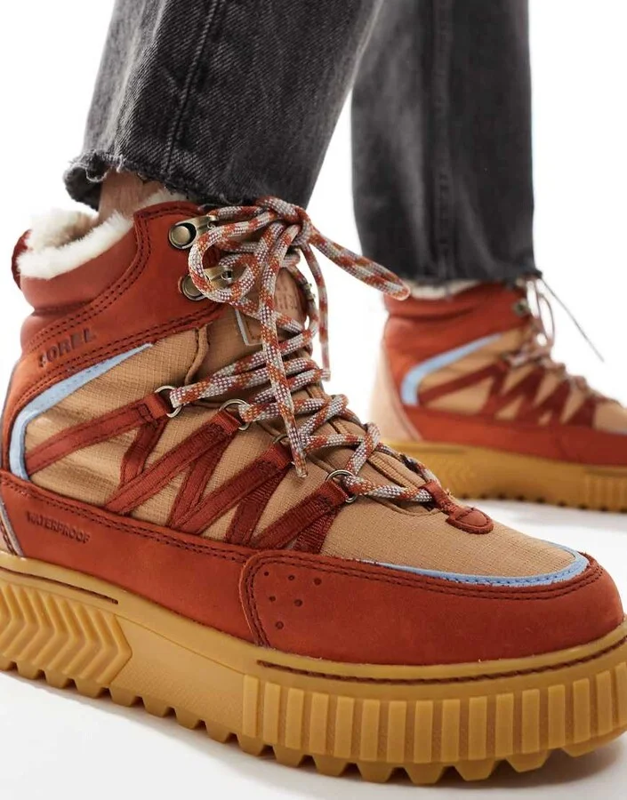 Sorel ONA AVE Trek WP fleece lined waterproof lace up leather boots in sanguine and arctic sea - Image 3