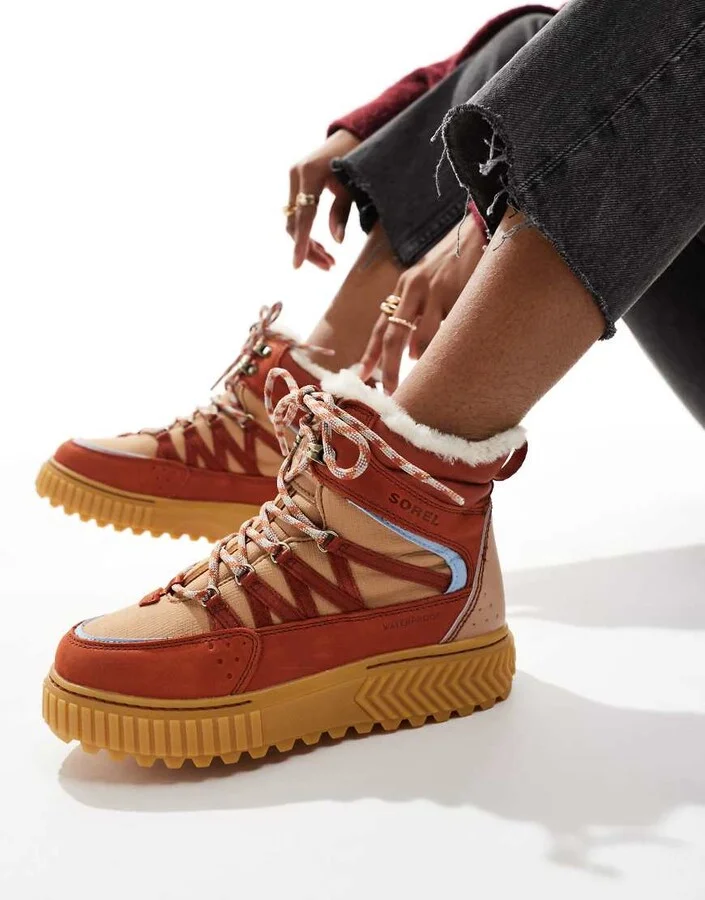 Sorel ONA AVE Trek WP fleece lined waterproof lace up leather boots in sanguine and arctic sea