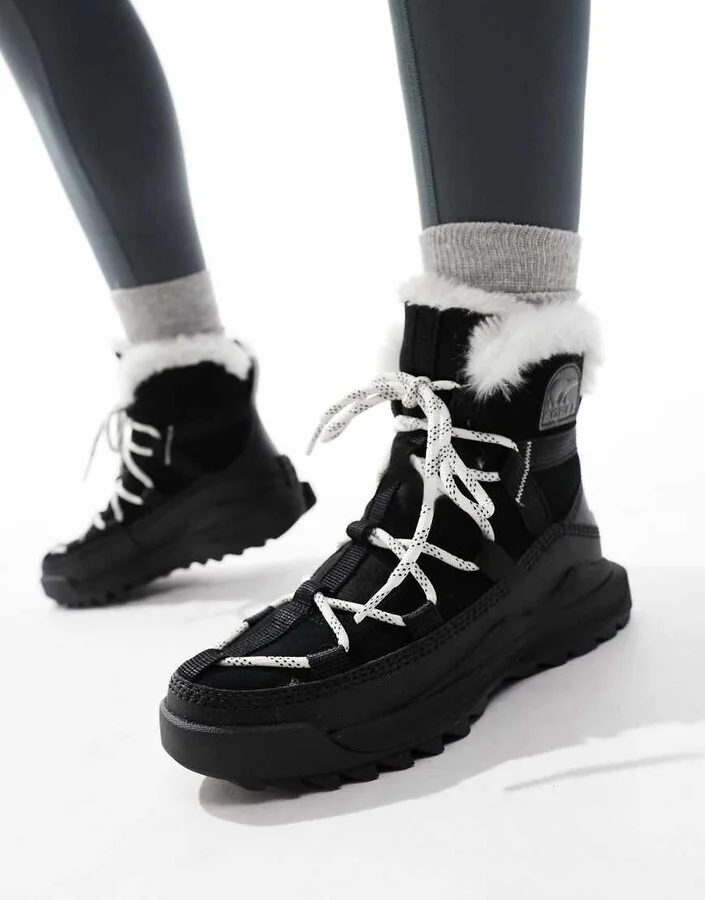 Sorel ONA RMX Glacy Plus WP waterproof fleece lined suede snow boots in black and sea salt - Image 2