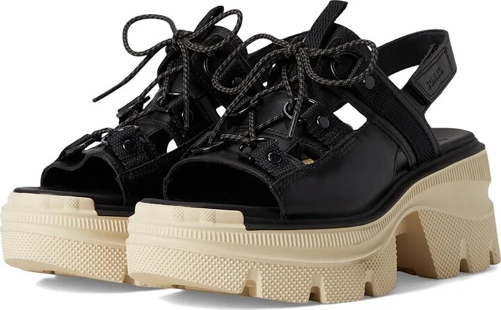 SOREL Rein CBtm Lace Platform Women's Sandals Black/Bleached Ceramic : 7 B - Medium, Leather