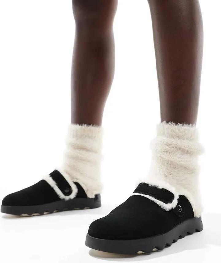 Sorel Viibe Cozy faux fur suede clogs in black and natural - Image 4
