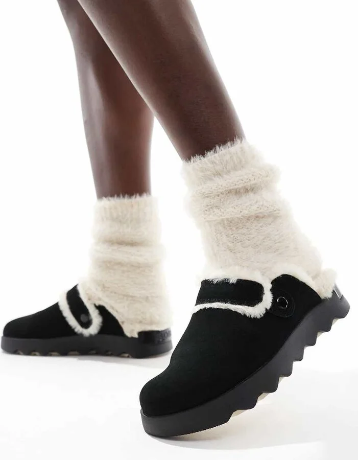 Sorel Viibe Cozy faux fur suede clogs in black and natural