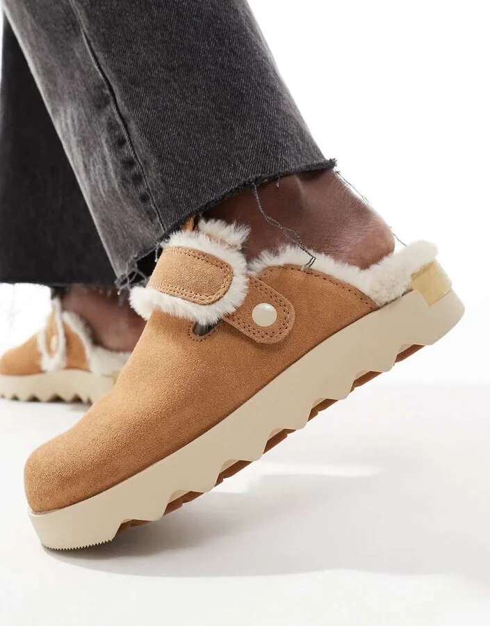 Sorel Viibe Cozy faux fur suede clogs in tawny buff and natural