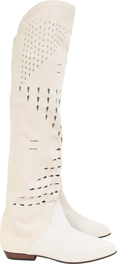Soren Perforated Knee-High Boots in White Suede