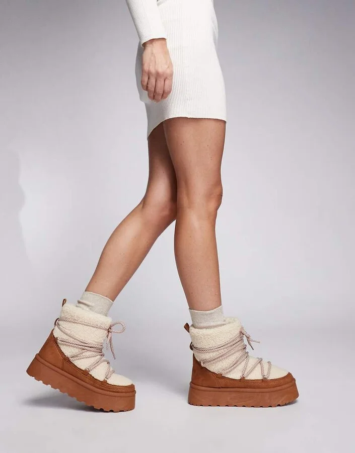 South Beach Borg Lace Up Platform Mini Boot in Chestnut - Image 2